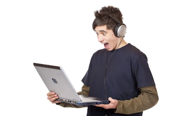 Tinédzser Fülhallgatóval Zenét Hallgat Digitális — Stock Fotó
