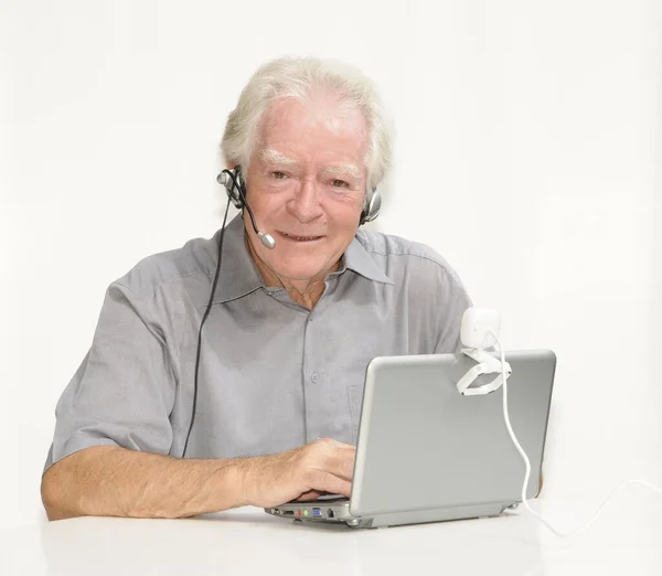 Elderly Gentleman Netbook Webcam — Stock Photo, Image