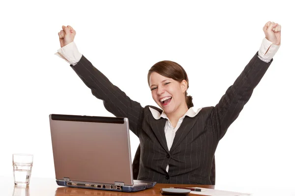 Attractive Woman Office Jubilant Desk — Stock Photo, Image