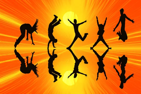 Silhouettes Children Jumping Sky — Stock Photo, Image