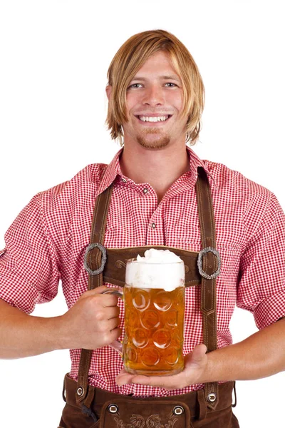 Homem Vestindo Calças Couro Detém Oktoberfest Medida Cerveja — Fotografia de Stock