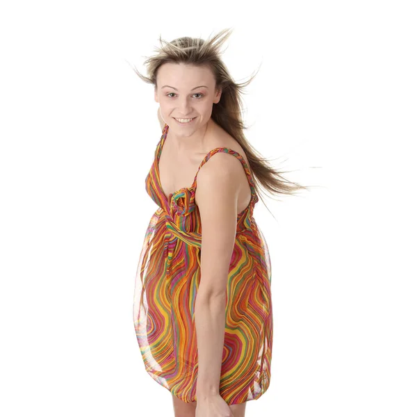 Portrait Beautiful Girl Model Summer Dress Fluttering Hair Dress Stock Photo