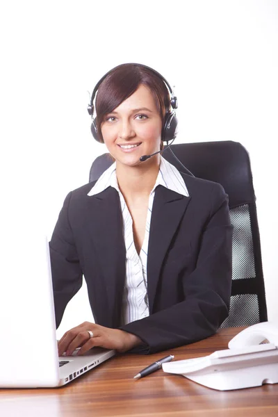Affärskvinna Med Headset Vit Bakgrund — Stockfoto