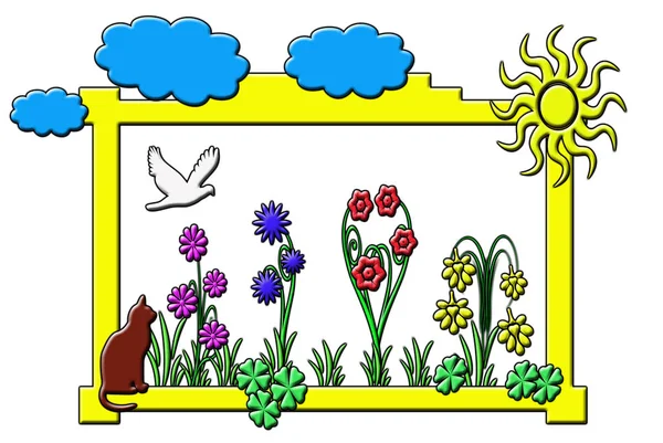 Ilustrace Kreslené Zahrady Roztomilým Ptákem — Stock fotografie