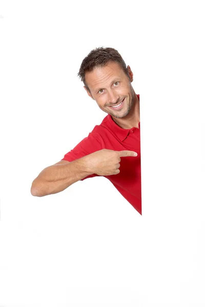 Homem Camisa Vermelha Mostrando Placa Branca — Fotografia de Stock