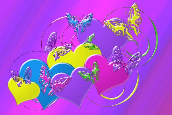 Färgglada Hjärtan Med Fjärilar — Stockfoto