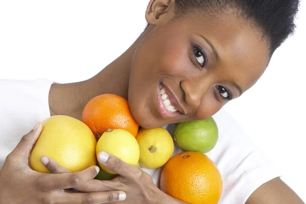 Jovem Mulher Segurando Frutas Cítricas Estúdio — Fotografia de Stock