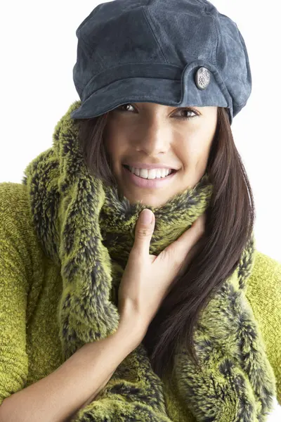 Fashionable Young Womanwearing Cap Knitwear Studio — Stock Photo, Image