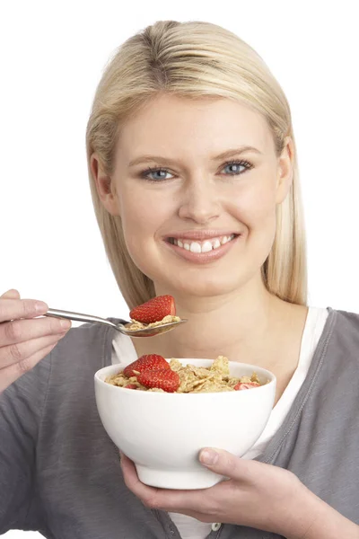 Mujer Joven Comiendo Tazón Cereal Saludable Para Desayuno Estudio —  Fotos de Stock