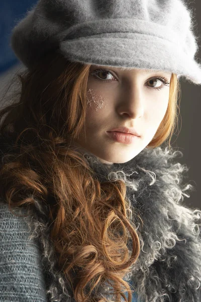 Fashionable Teenage Girl Wearing Cap Knitwear Studio — стоковое фото