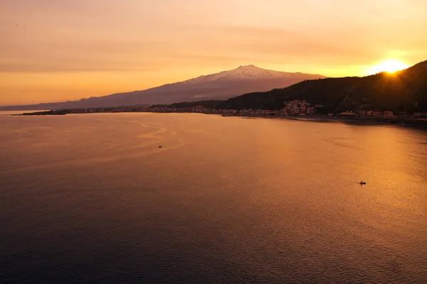 Mont Etna Coucher Soleil Face Mer Depuis Taormina — Photo