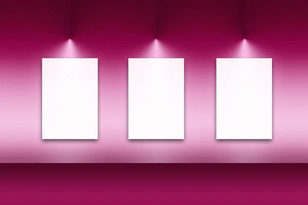 粉红灯和墙上框架的空白白色海报 — 图库照片