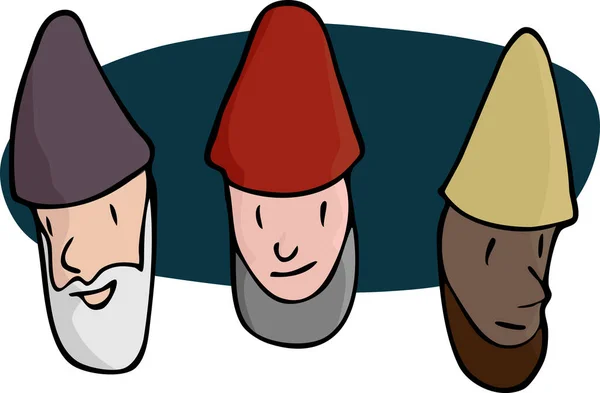 三个长胡子的侏儒 巫师或各种肤色的宗教人士的肖像 — 图库照片