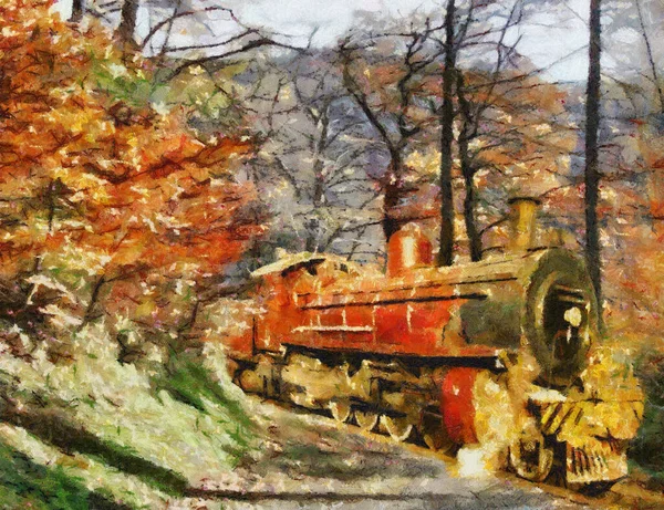 Treno Vapore Arancione Che Attraversa Foresta Pittura Olio Stile Camille — Foto Stock