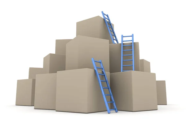 Uma Pilha Caixas Papelão Três Escadas Azuis Brilhantes São Usadas — Fotografia de Stock