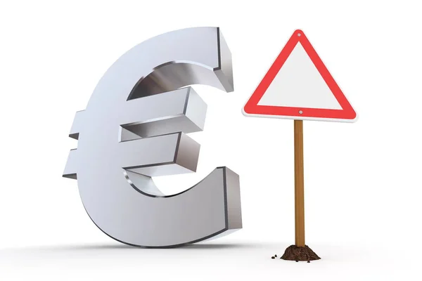 Metallisch Glänzendes Euro Symbol Mit Rot Weißem Dreieckigen Warnschild — Stockfoto