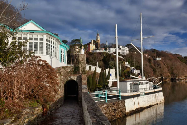 Portmerion village on the North coast of Wales in winter showing the fantasy houses