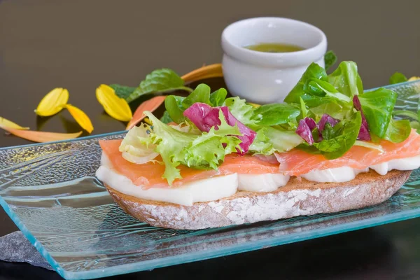 Salmon Mozzarella Cheese Bruschetta Fresh Salad Glass Plate — Stock Photo, Image