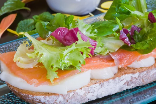 Salmon Mozzarella Cheese Bruschetta Fresh Salad Glass Plate — Stock Photo, Image