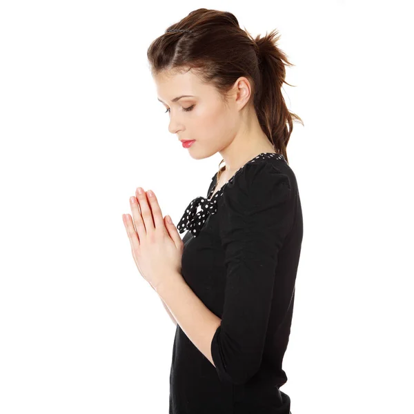 Closeup Portrait Young Caucasian Woman Praying Isolated White Background Stock Image