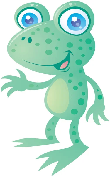 Niedlichen Kleinen Glücklichen Frosch Lächelnd Und Winkend Humorvollen Cartoon Stil — Stockfoto