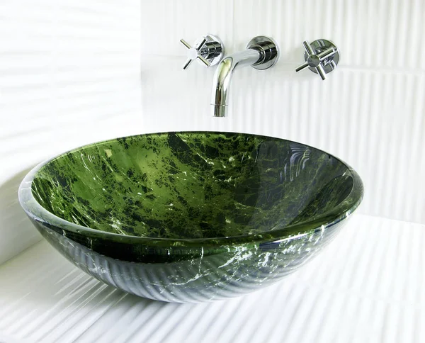 Modern Renovated Bathroom Tempered Glass Green Marble Imitation Vessel Sink — Stock Photo, Image