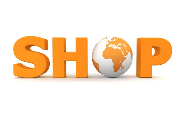 橙色字商店与3D地球替换字母O — 图库照片