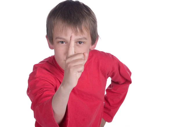 Imagen Niño Fondo Blanco Que Apunta Cámara — Foto de Stock