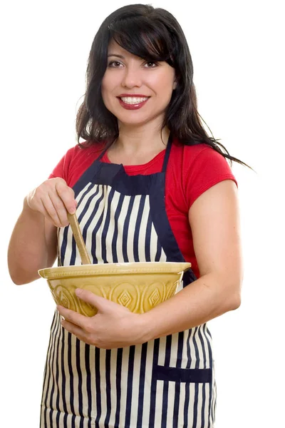 Pretty Smiling Woman Apron Mixing Bowl Wooden Utensil White Background — Stock Photo, Image