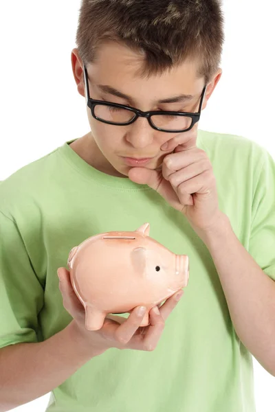 Pojke Som Har Pengalåda Tänker Eller Funderar Ekonomi Besparingar Utgifter — Stockfoto