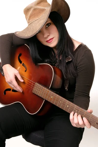 Woman Sitting Stool Playing Acoustic Guitar — Stock Photo, Image