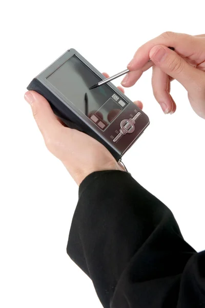 Mão Segurando Dispositivo Smartphone Pda Touchpen — Fotografia de Stock