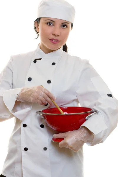 Chef Hält Küchensieb Rot — Stockfoto