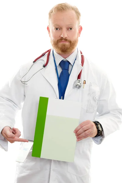 Male Doctor Pointing Brochure Leaflet Other Information Replace Your Own — Stock Photo, Image