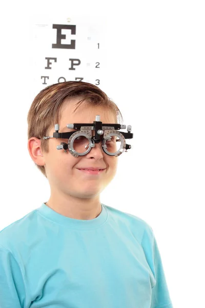 Boy Trial Frames Visit Eye Doctor — Stock Photo, Image