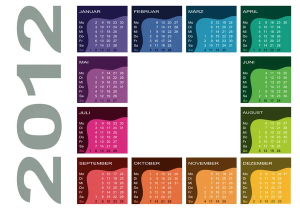 Calendario Anual Coloreado 2012 Germán Semana Comienza Con Lunes —  Fotos de Stock