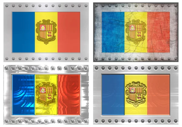 Quatro Grandes Bandeiras Metal Sortido Andorra — Fotografia de Stock