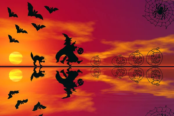 Sfondo Halloween Con Sagome Pipistrelli Zucche — Foto Stock