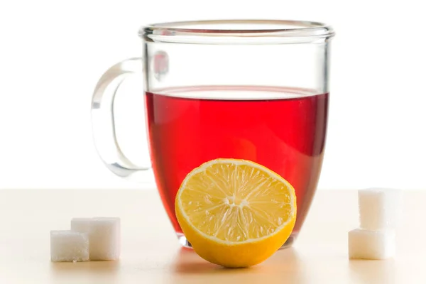 Transparent Teacup Red Tea Lemon Sugar — Stock Photo, Image