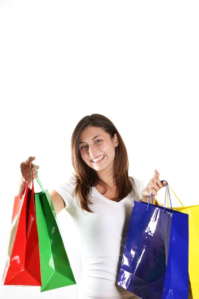 Jovem Mulher Feliz Com Sacos Compras Coloridos Corte — Fotografia de Stock