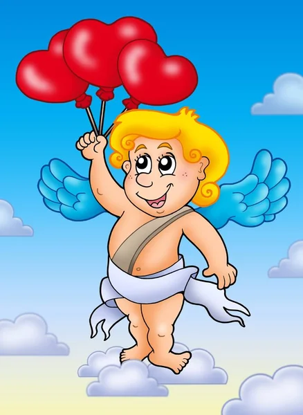 Cupid Met Ballonnen Blauwe Hemel Kleur Illustratie — Stockfoto