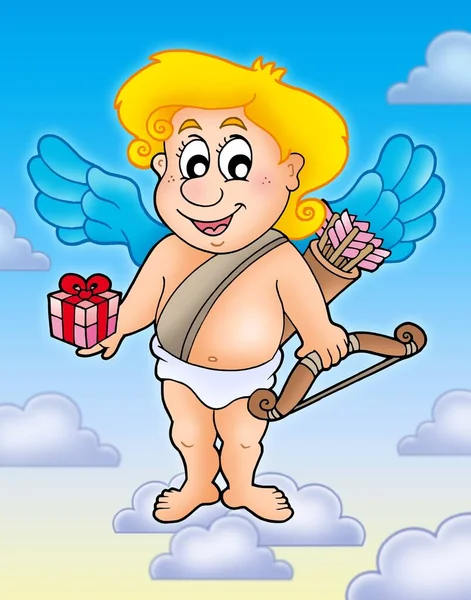 Cupid Met Geschenk Blauwe Hemel Kleur Illustratie — Stockfoto