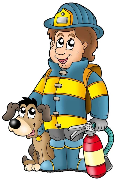 Brandman Med Hund Och Släckare Färg Illustration — Stockfoto