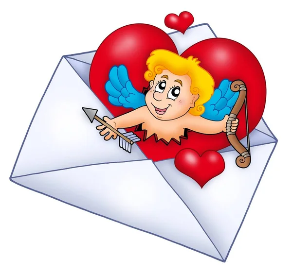 Envelope Valentim Com Cupido Ilustração Cores — Fotografia de Stock