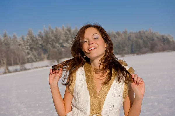 Sexy Brunette Winter Outfit Snow — Stok fotoğraf