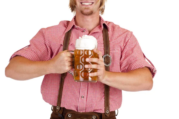 Bavorský Muž Koženými Kalhotami Drží Oktoberfest Pinty Piva Izolované Bílém — Stock fotografie