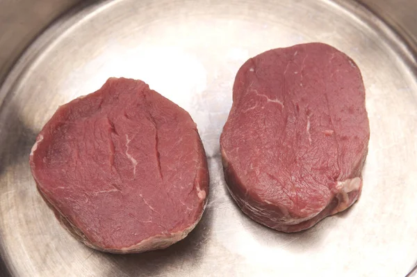 Two Juicy Beef Fillet Steaks Stainless Steel Pan Ready Fried — Stock Photo, Image