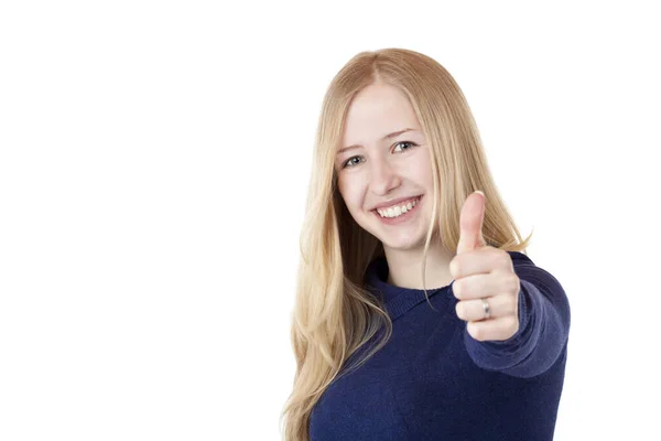 Young Pretty Blond Woman Showing Thumbs Laughing Isolated White Background — 图库照片
