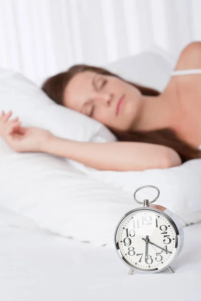 Young Woman Sleeping White Bed Alarm Clock — Stock Photo, Image