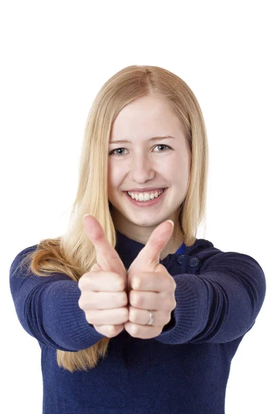 Young Pretty Blond Woman Showing Thumbs Laughing Isolated White Background — Stockfoto